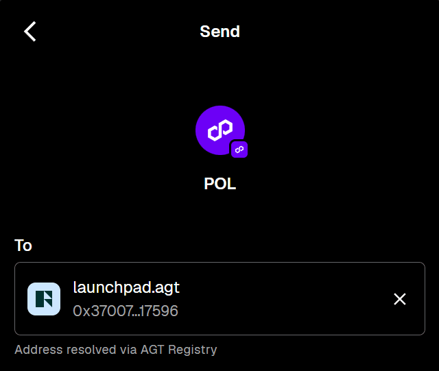 MetaMask send screen on Polygon: launchpad.agt resolved to 0x37007…17596, labelled Address resolved via AGT Registry